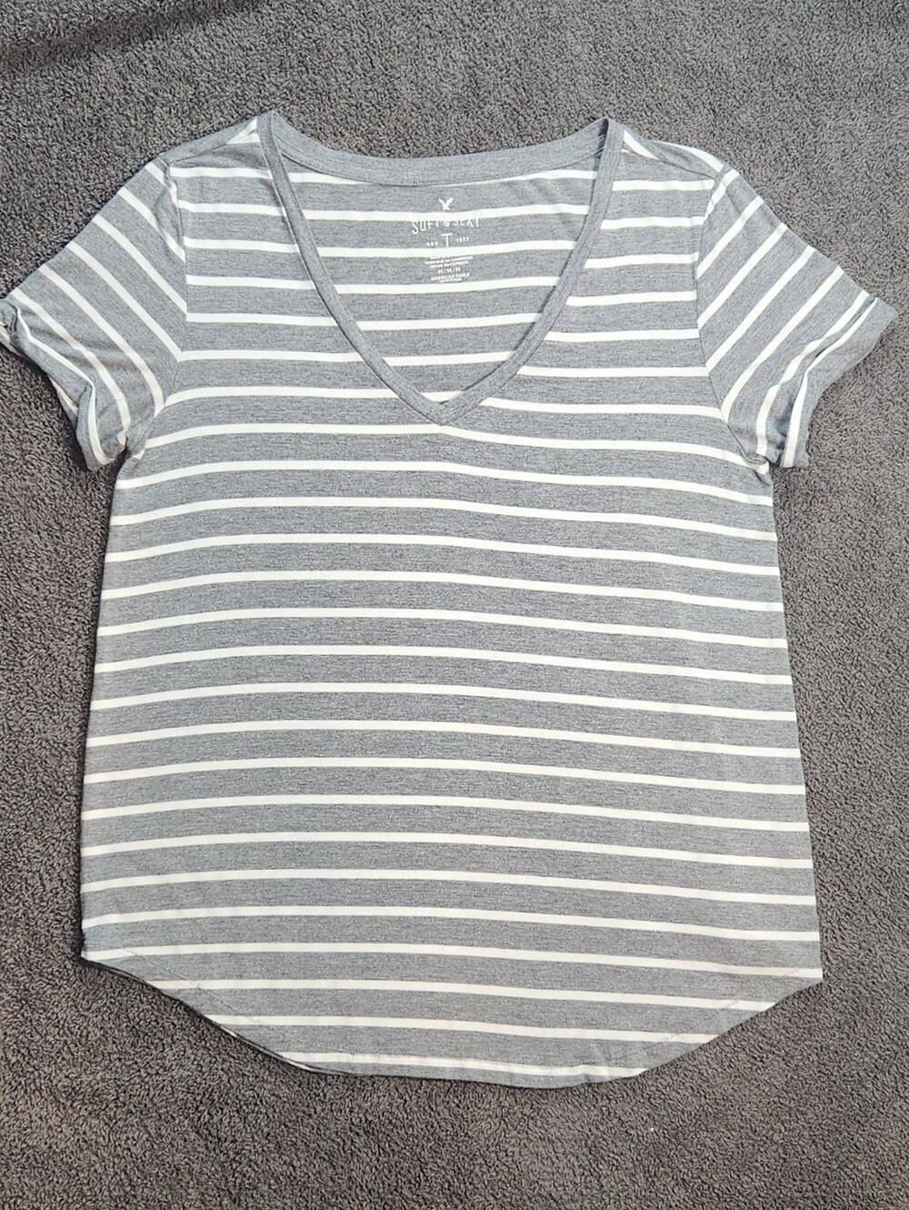 Grey and White Striped American Eagle V-Neck T-Shirt